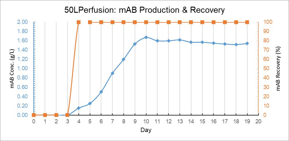 50L Perfusion Bag Trend Graph of Culture Days Versus MAB Concentration and mAB Yield